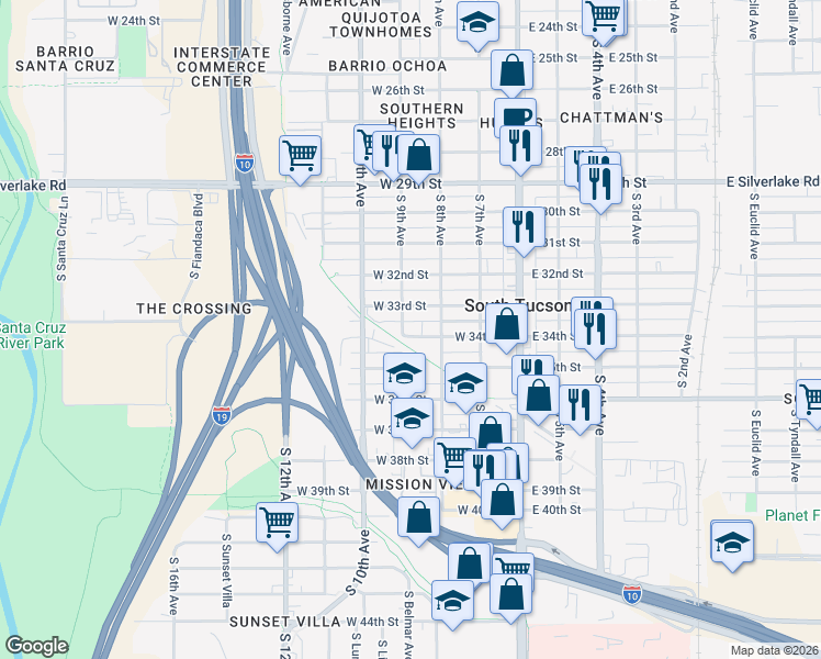 map of restaurants, bars, coffee shops, grocery stores, and more near 2323 South 9th Avenue in Tucson