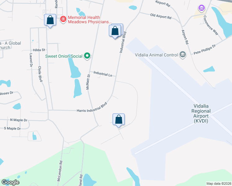 map of restaurants, bars, coffee shops, grocery stores, and more near 908 Harris Industrial Boulevard in Vidalia