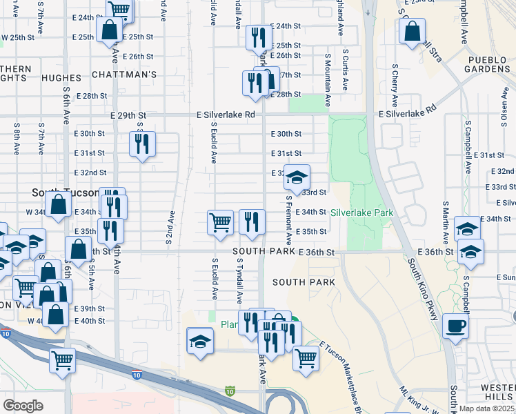 map of restaurants, bars, coffee shops, grocery stores, and more near 932 East 34th Street in Tucson