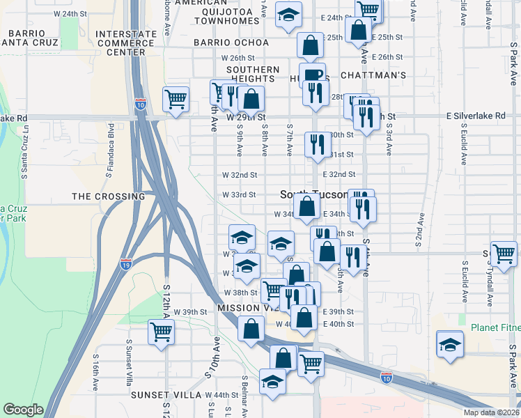 map of restaurants, bars, coffee shops, grocery stores, and more near 2340 South 8th Avenue in Tucson