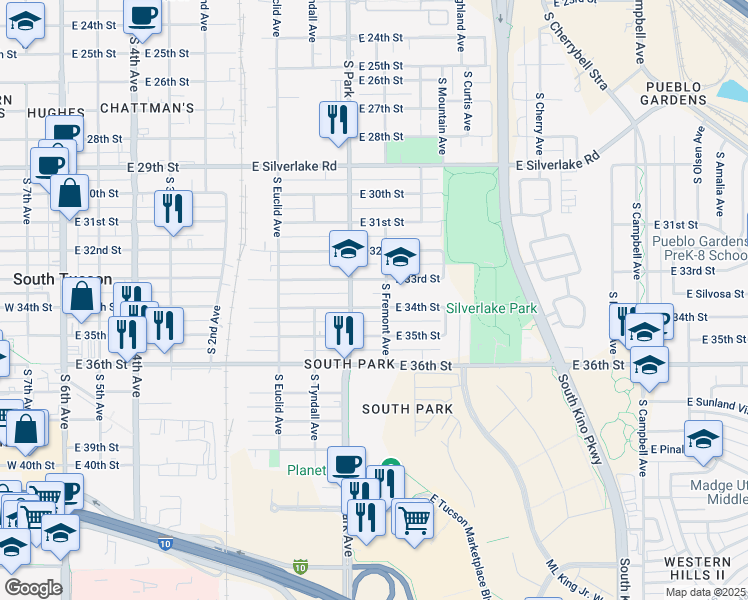 map of restaurants, bars, coffee shops, grocery stores, and more near 1037 East 34th Street in Tucson