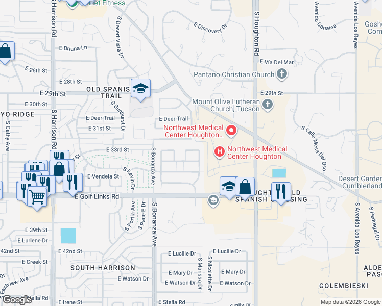 map of restaurants, bars, coffee shops, grocery stores, and more near 10046 East Cedar Hill Drive in Tucson