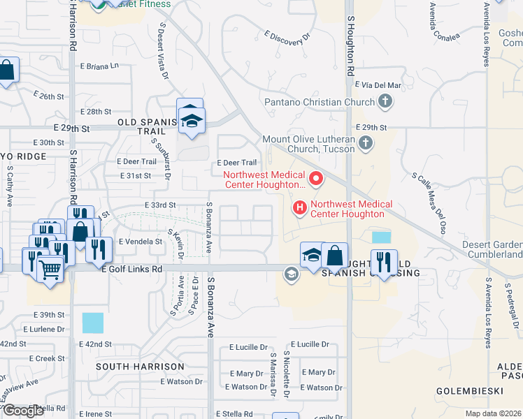 map of restaurants, bars, coffee shops, grocery stores, and more near 10051 East Denver Hill Drive in Tucson