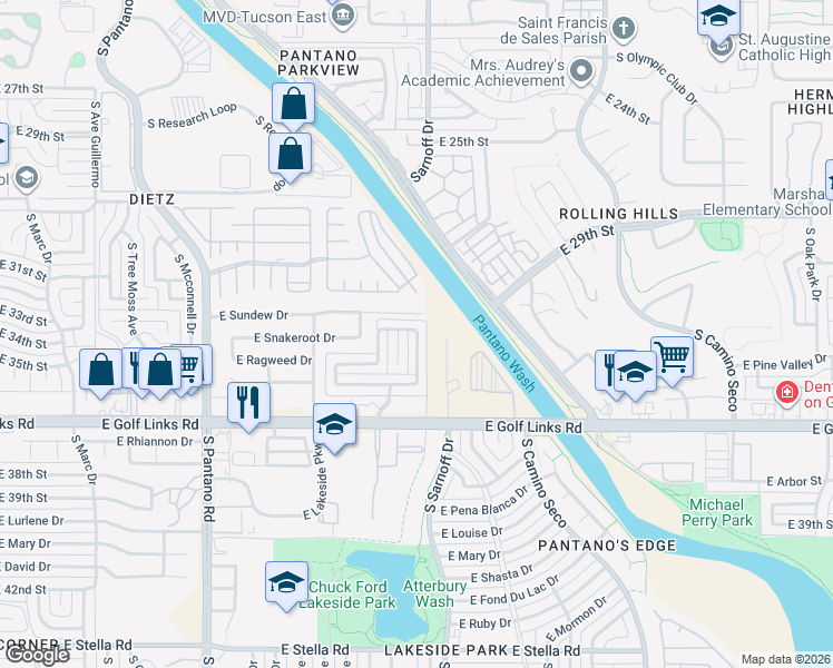 map of restaurants, bars, coffee shops, grocery stores, and more near 2349 Saddleback Avenue South in Tucson
