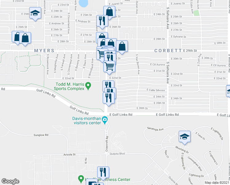 map of restaurants, bars, coffee shops, grocery stores, and more near 2402 South Jefferson Avenue in Tucson