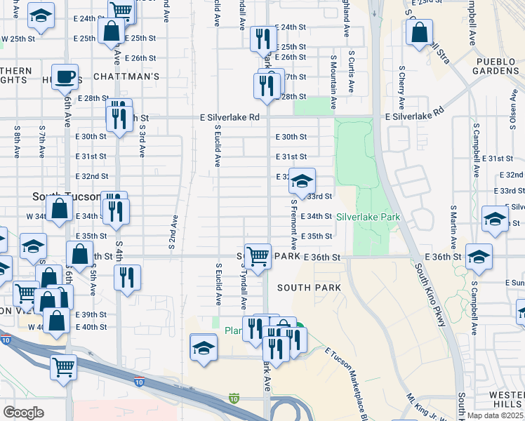 map of restaurants, bars, coffee shops, grocery stores, and more near 932 East 34th Street in Tucson
