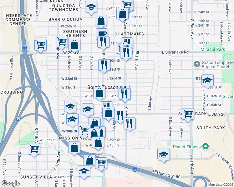 map of restaurants, bars, coffee shops, grocery stores, and more near 144 East 34th Street in Tucson