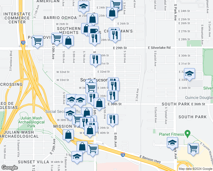 map of restaurants, bars, coffee shops, grocery stores, and more near 144 East 34th Street in Tucson