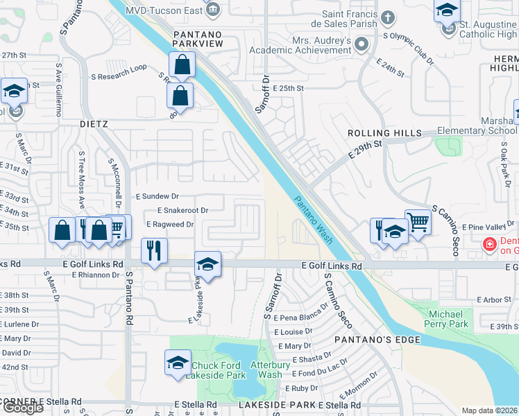 map of restaurants, bars, coffee shops, grocery stores, and more near 2349 Saddleback Avenue South in Tucson