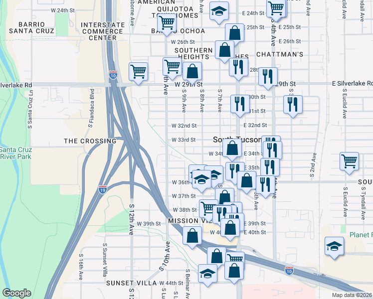 map of restaurants, bars, coffee shops, grocery stores, and more near 2323 South 9th Avenue in Tucson