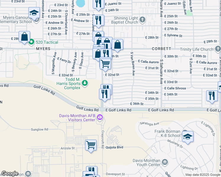 map of restaurants, bars, coffee shops, grocery stores, and more near 2402 South Jefferson Avenue in Tucson