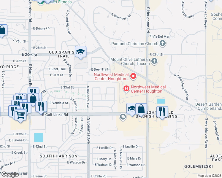 map of restaurants, bars, coffee shops, grocery stores, and more near 10054 East Cedar Hill Drive in Tucson