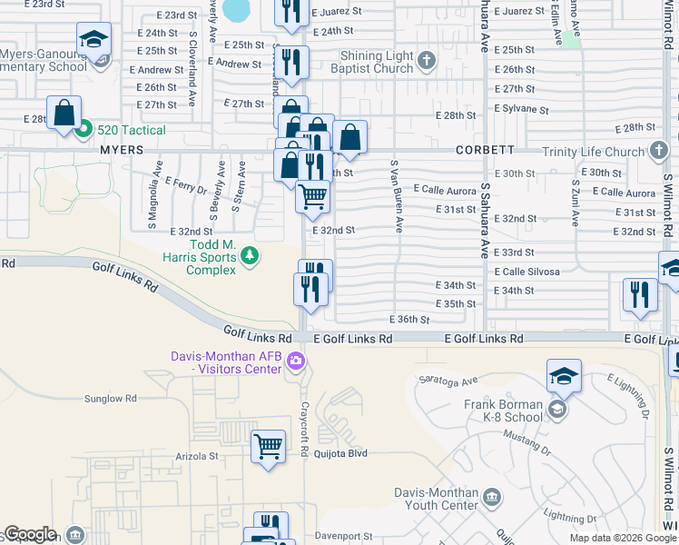 map of restaurants, bars, coffee shops, grocery stores, and more near 2402 South Jefferson Avenue in Tucson
