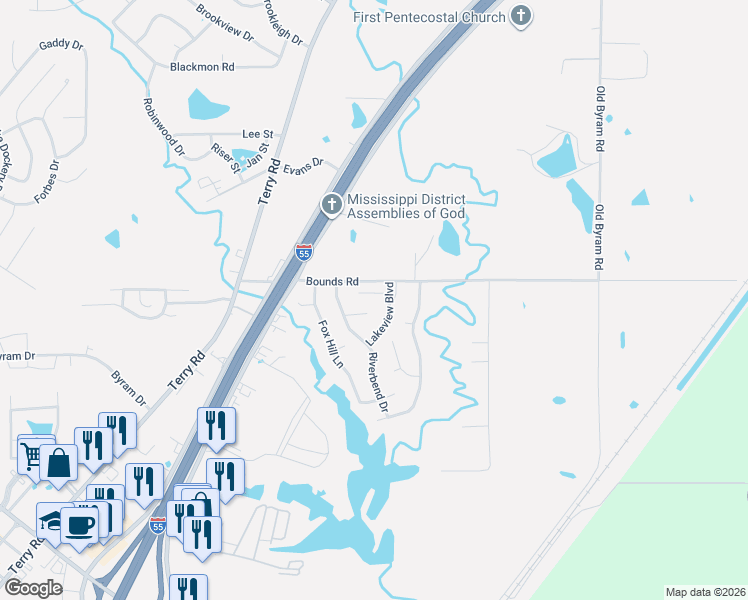 map of restaurants, bars, coffee shops, grocery stores, and more near 8009 Lakeview Boulevard in Byram