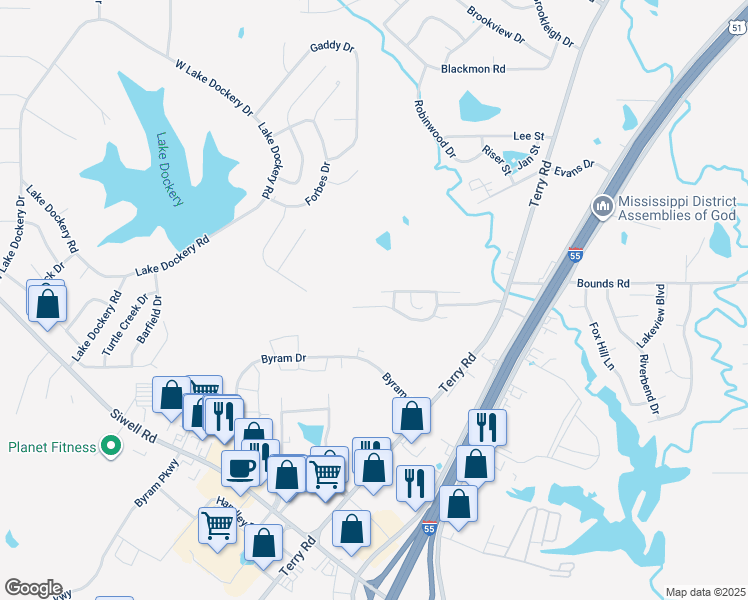 map of restaurants, bars, coffee shops, grocery stores, and more near 5089 Womack Drive in Byram