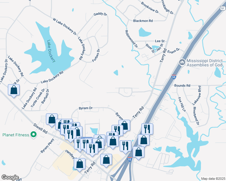 map of restaurants, bars, coffee shops, grocery stores, and more near 5089 Womack Drive in Byram
