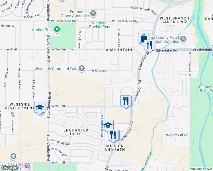 map of restaurants, bars, coffee shops, grocery stores, and more near 1781 West 33rd Street in Tucson