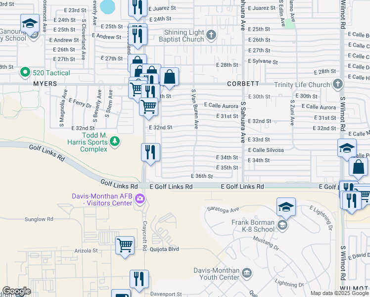 map of restaurants, bars, coffee shops, grocery stores, and more near 5671 East 34th Street in Tucson