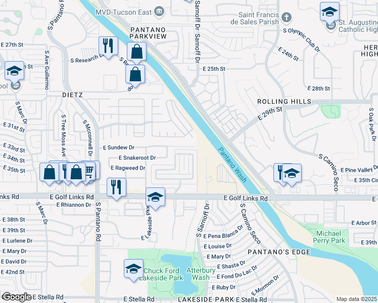 map of restaurants, bars, coffee shops, grocery stores, and more near 2349 Saddleback Avenue South in Tucson