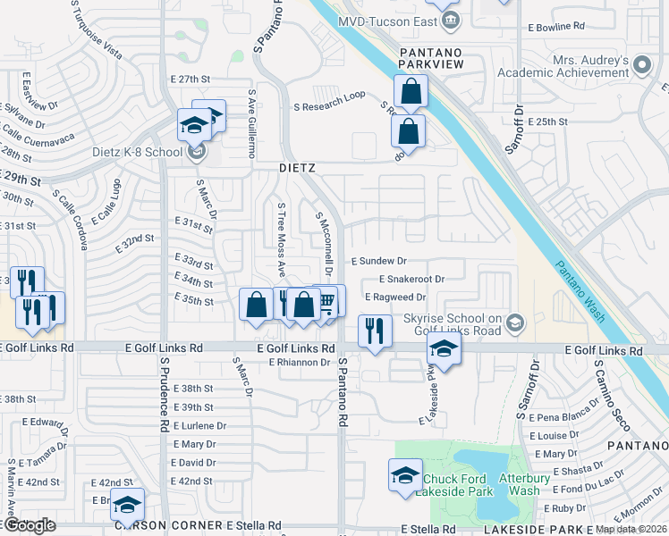 map of restaurants, bars, coffee shops, grocery stores, and more near 2344 South Mcconnell Drive in Tucson