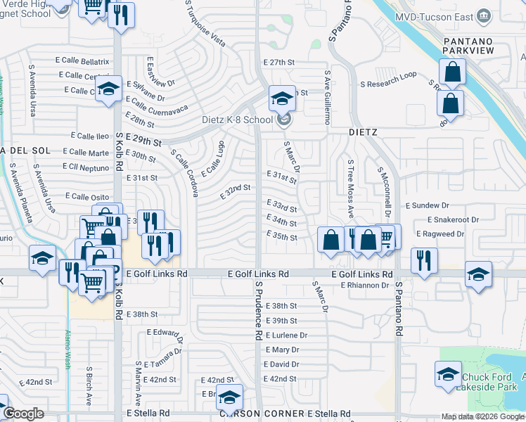 map of restaurants, bars, coffee shops, grocery stores, and more near 7510 East 34th Street in Tucson