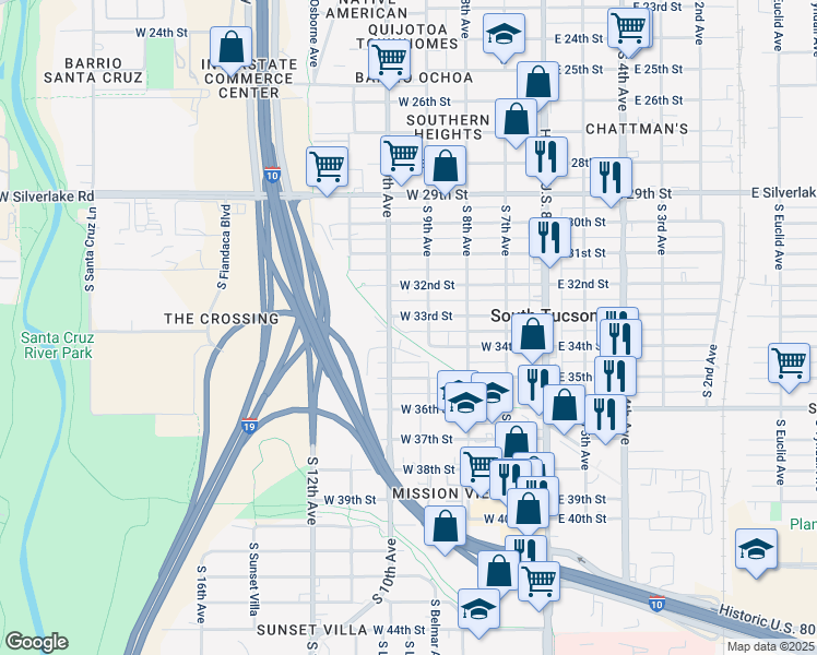 map of restaurants, bars, coffee shops, grocery stores, and more near 2425 South 10th Avenue in Tucson
