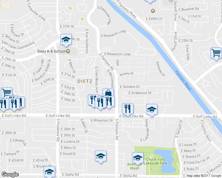 map of restaurants, bars, coffee shops, grocery stores, and more near 2284 South Mcconnell Drive in Tucson