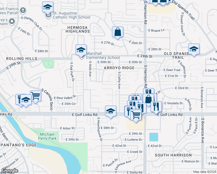 map of restaurants, bars, coffee shops, grocery stores, and more near 2349 South Avenue Arroyo Rincon in Tucson