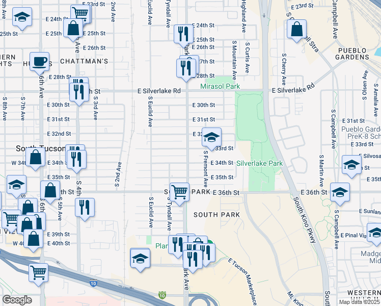 map of restaurants, bars, coffee shops, grocery stores, and more near 2305 South Park Avenue in Tucson