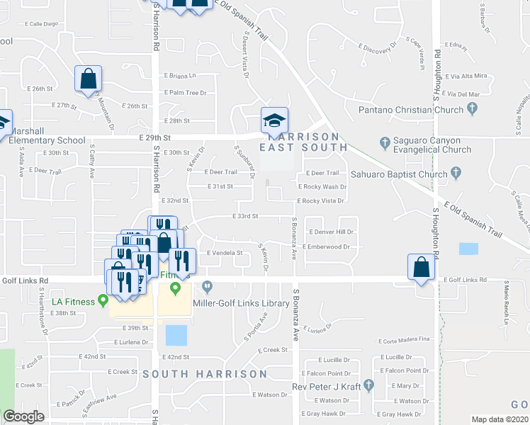 map of restaurants, bars, coffee shops, grocery stores, and more near 9844 East 33rd Street in Tucson