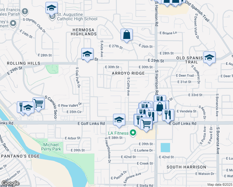 map of restaurants, bars, coffee shops, grocery stores, and more near 2349 South Avenue Arroyo Rincon in Tucson