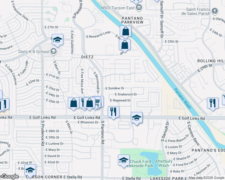 map of restaurants, bars, coffee shops, grocery stores, and more near 2358 South Buckwheat Drive in Tucson