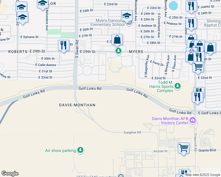 map of restaurants, bars, coffee shops, grocery stores, and more near Golf Links Rd in Tucson