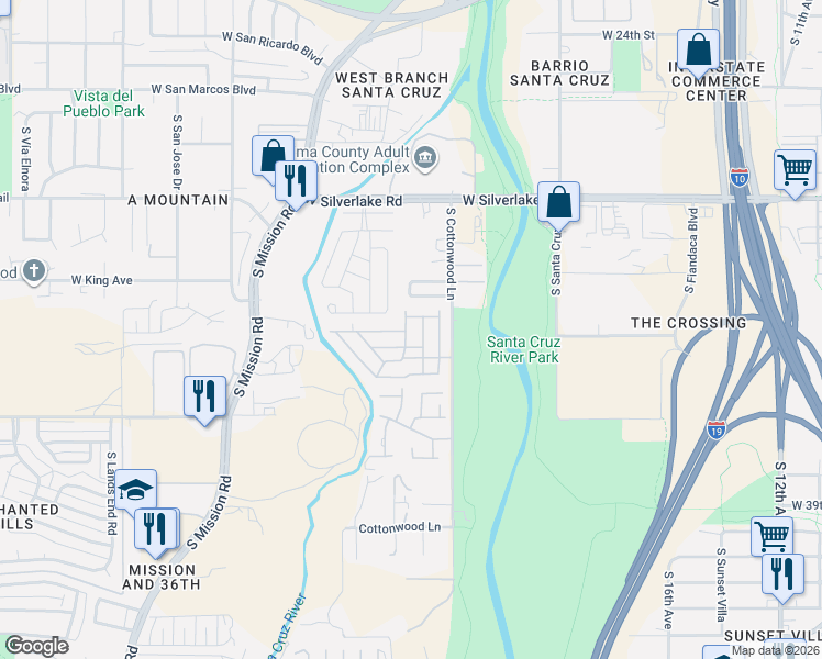 map of restaurants, bars, coffee shops, grocery stores, and more near 2424 South Cottonwood Lane in Tucson