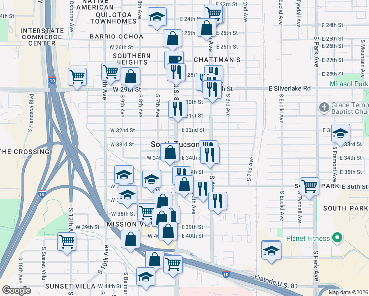 map of restaurants, bars, coffee shops, grocery stores, and more near 144 East 34th Street in Tucson
