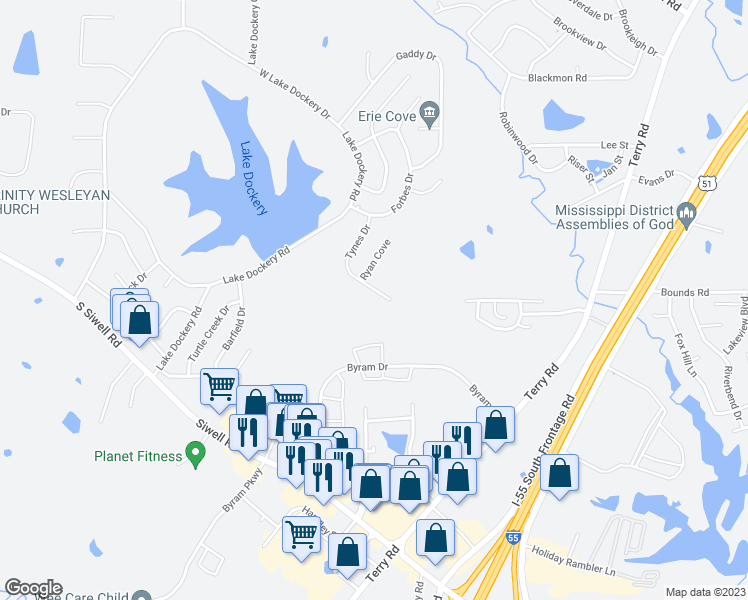 map of restaurants, bars, coffee shops, grocery stores, and more near 3130 Tynes Drive in Byram