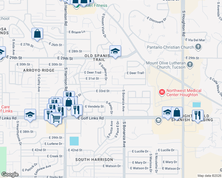 map of restaurants, bars, coffee shops, grocery stores, and more near 9843 East Rocky Vista Drive in Tucson