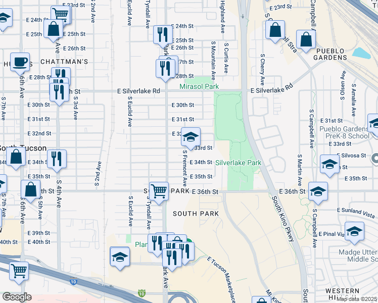 map of restaurants, bars, coffee shops, grocery stores, and more near 1110 East 33rd Street in Tucson
