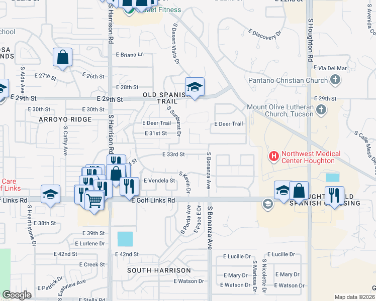 map of restaurants, bars, coffee shops, grocery stores, and more near 9843 East Rocky Vista Drive in Tucson