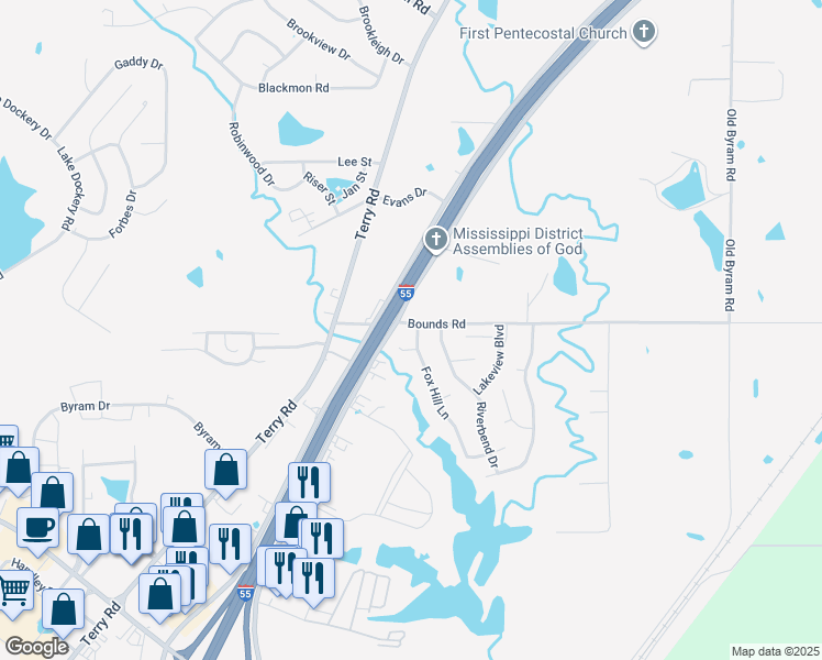 map of restaurants, bars, coffee shops, grocery stores, and more near 6600-6622 Interstate 55 Frontage Rd in Byram