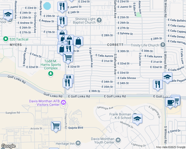 map of restaurants, bars, coffee shops, grocery stores, and more near 5701 East Calle Silvosa in Tucson