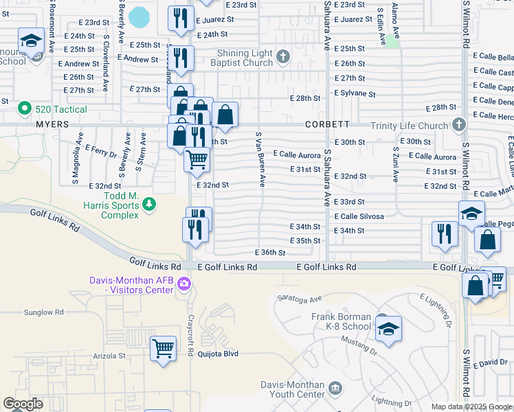 map of restaurants, bars, coffee shops, grocery stores, and more near 5671 East 33rd Street in Tucson