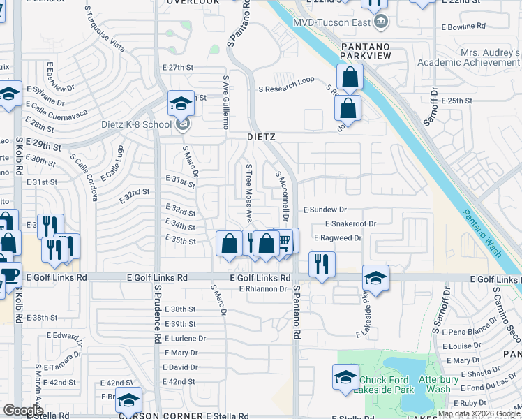 map of restaurants, bars, coffee shops, grocery stores, and more near 7753 East 32nd Street in Tucson