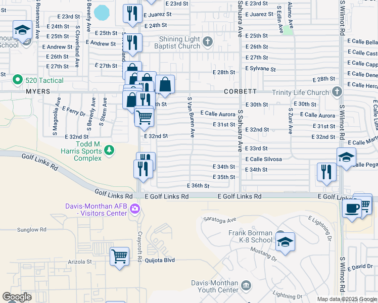 map of restaurants, bars, coffee shops, grocery stores, and more near 5671 East 33rd Street in Tucson