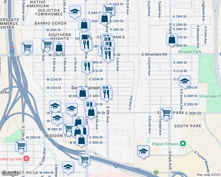 map of restaurants, bars, coffee shops, grocery stores, and more near 2222 South 4th Avenue in Tucson