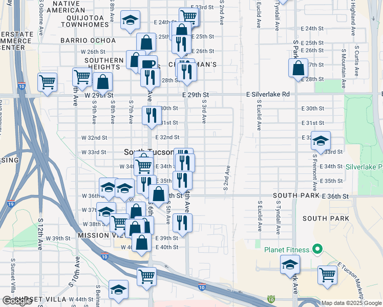 map of restaurants, bars, coffee shops, grocery stores, and more near 2222 South 4th Avenue in Tucson