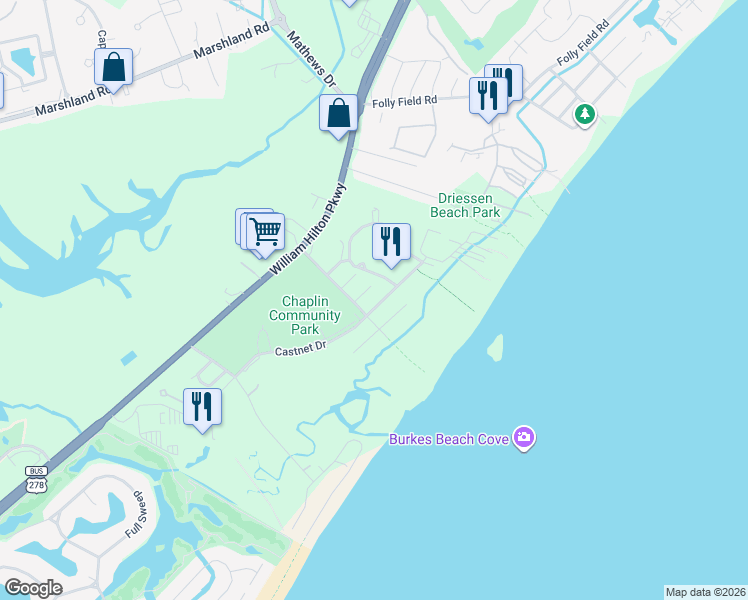 map of restaurants, bars, coffee shops, grocery stores, and more near 5 Sandy Beach Trail in Hilton Head Island