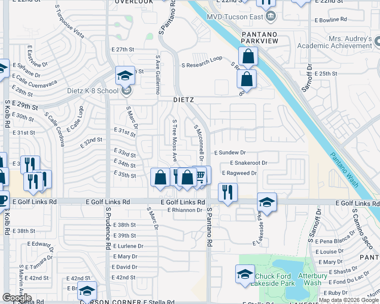 map of restaurants, bars, coffee shops, grocery stores, and more near 7753 East 32nd Street in Tucson