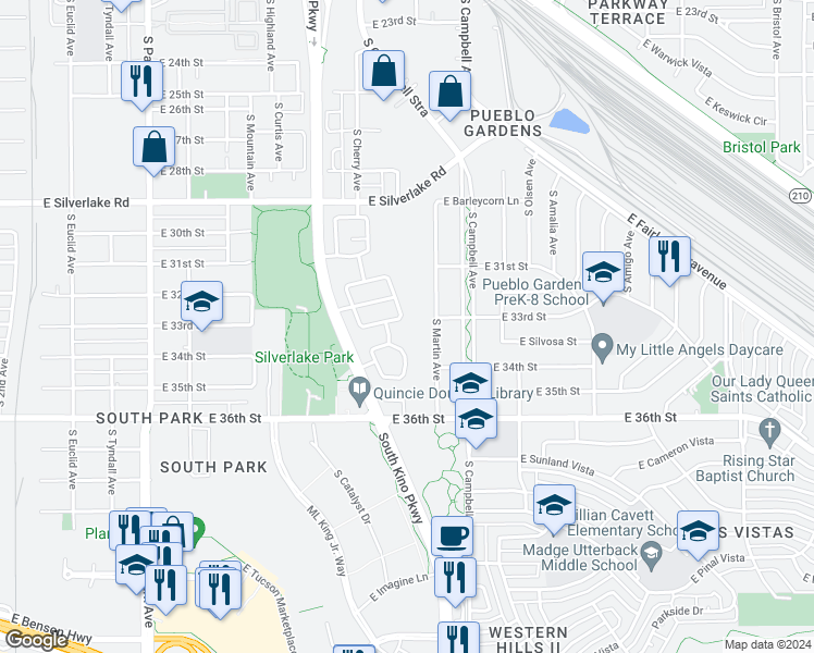 map of restaurants, bars, coffee shops, grocery stores, and more near 1768 East Saint Bernadine Street in Tucson