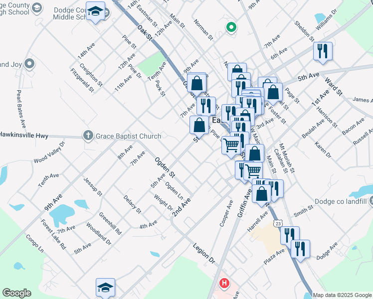 map of restaurants, bars, coffee shops, grocery stores, and more near 398 5th Avenue in Eastman